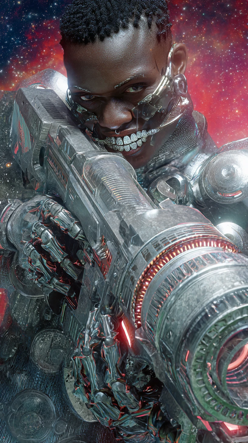 Afrofuturistischer Cyborg-Assassine feuert eine massive Sci-Fi-Waffe ab