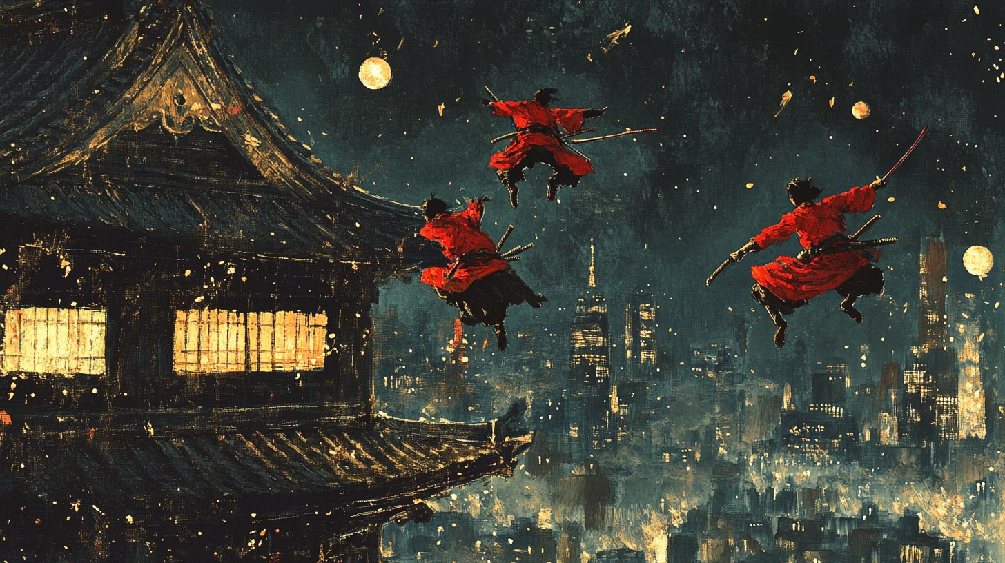Red clad ninjas leap across rooftops in a night city