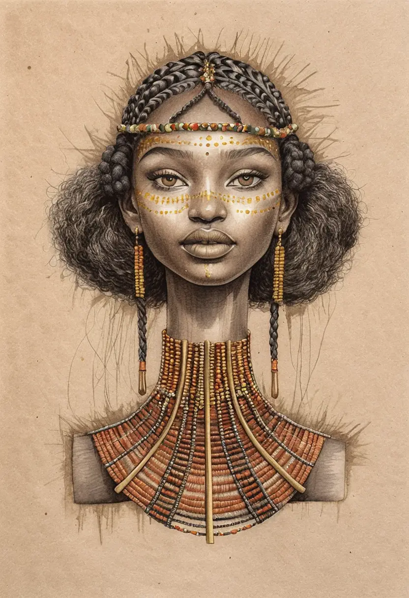 땋은 왕관을 한 동아프리카 여성의 목탄 초상화