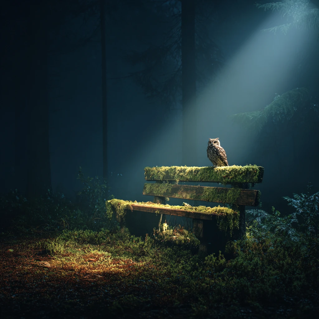 Eule auf moosiger Bank im dunklen Wald im Schein einer Taschenlampe