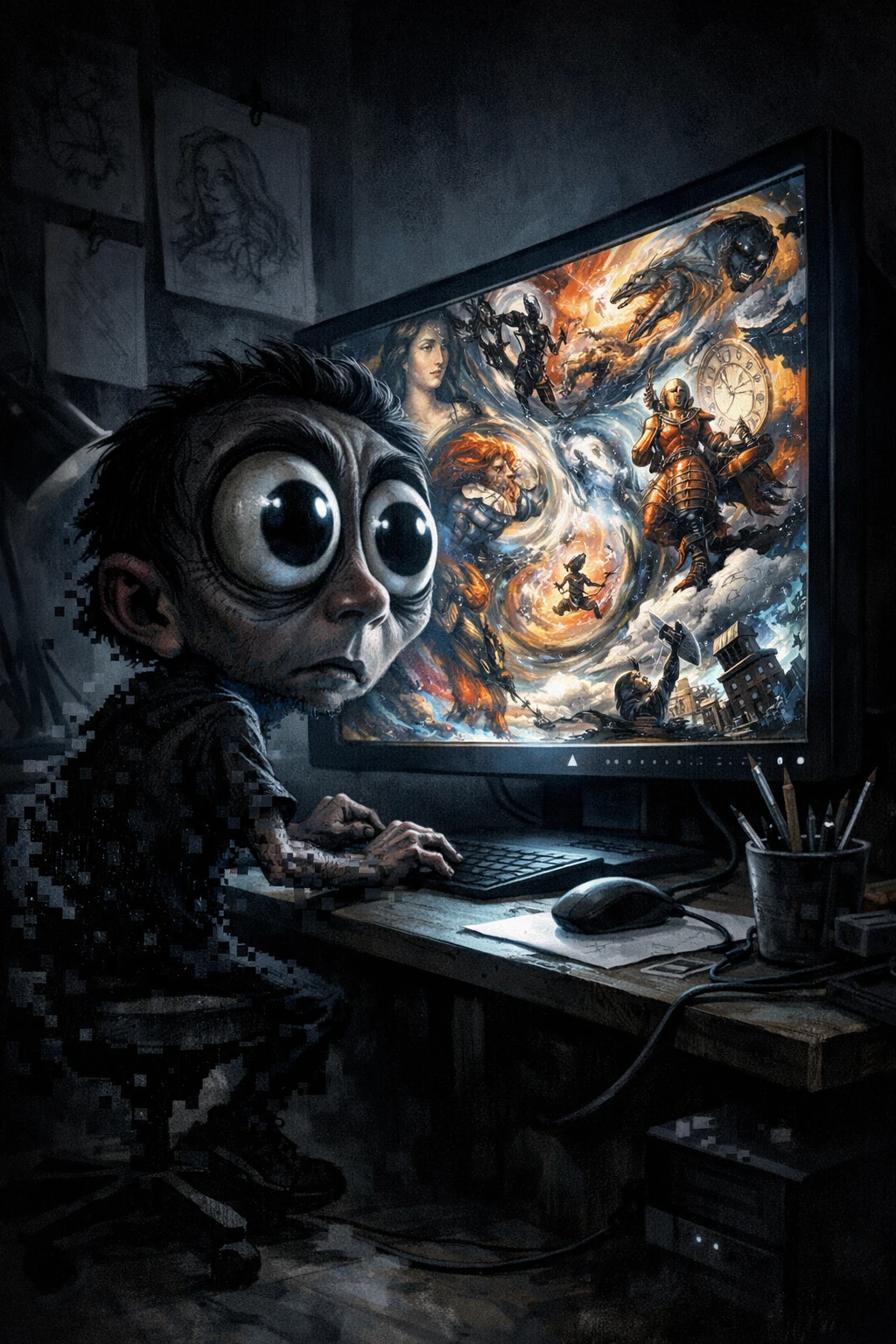 Dark caricature of an artist staring into a glowing monitor