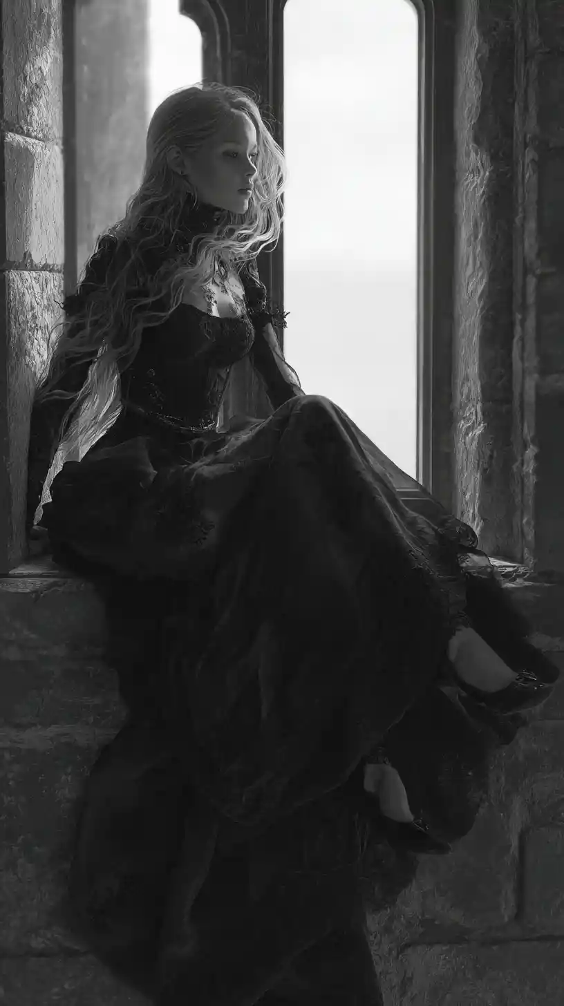 Princesa gótica trepando por la ventana de un castillo a la luz de la luna
