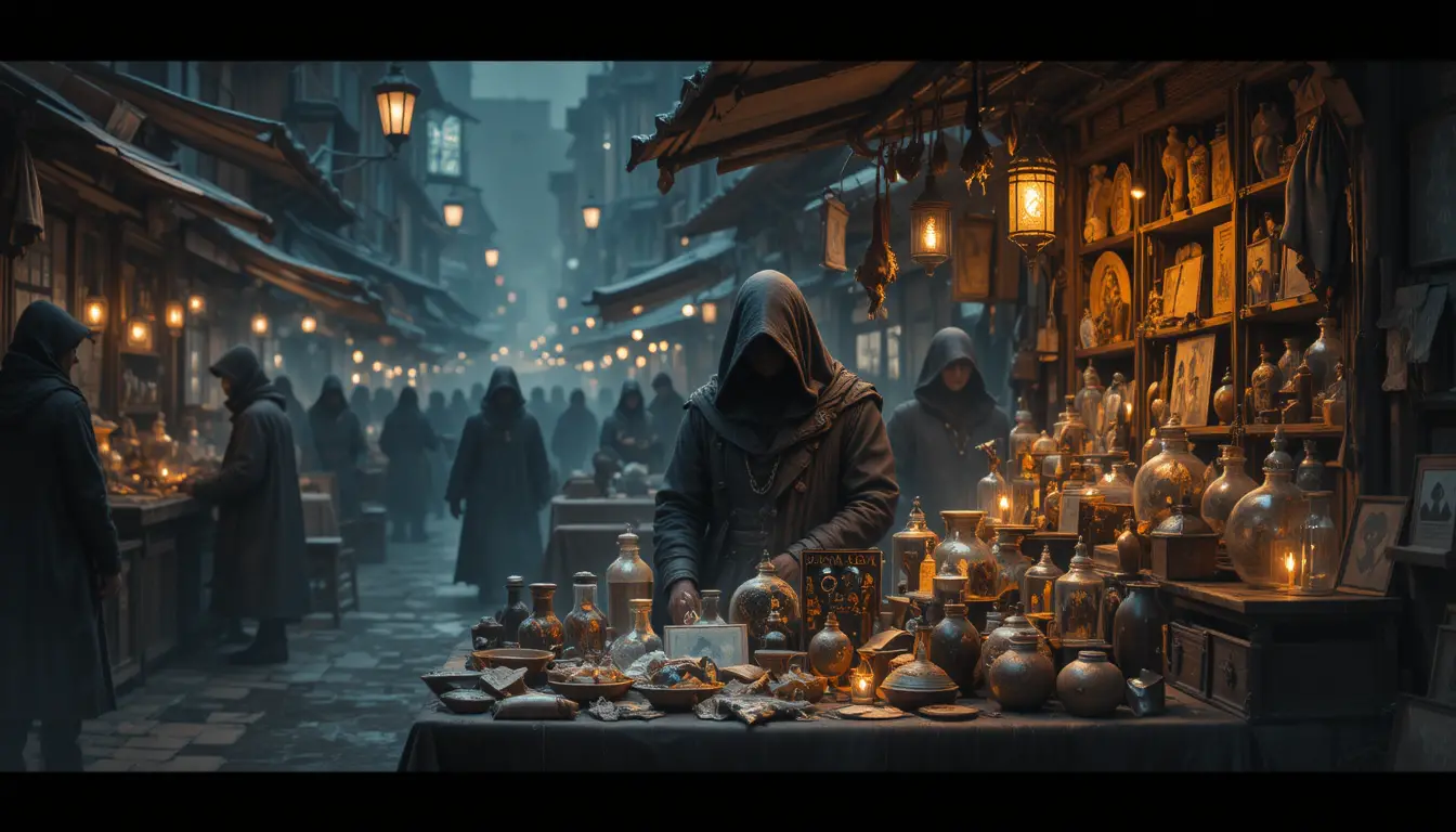 Hooded merchant at a shadowy clandestine night market stall