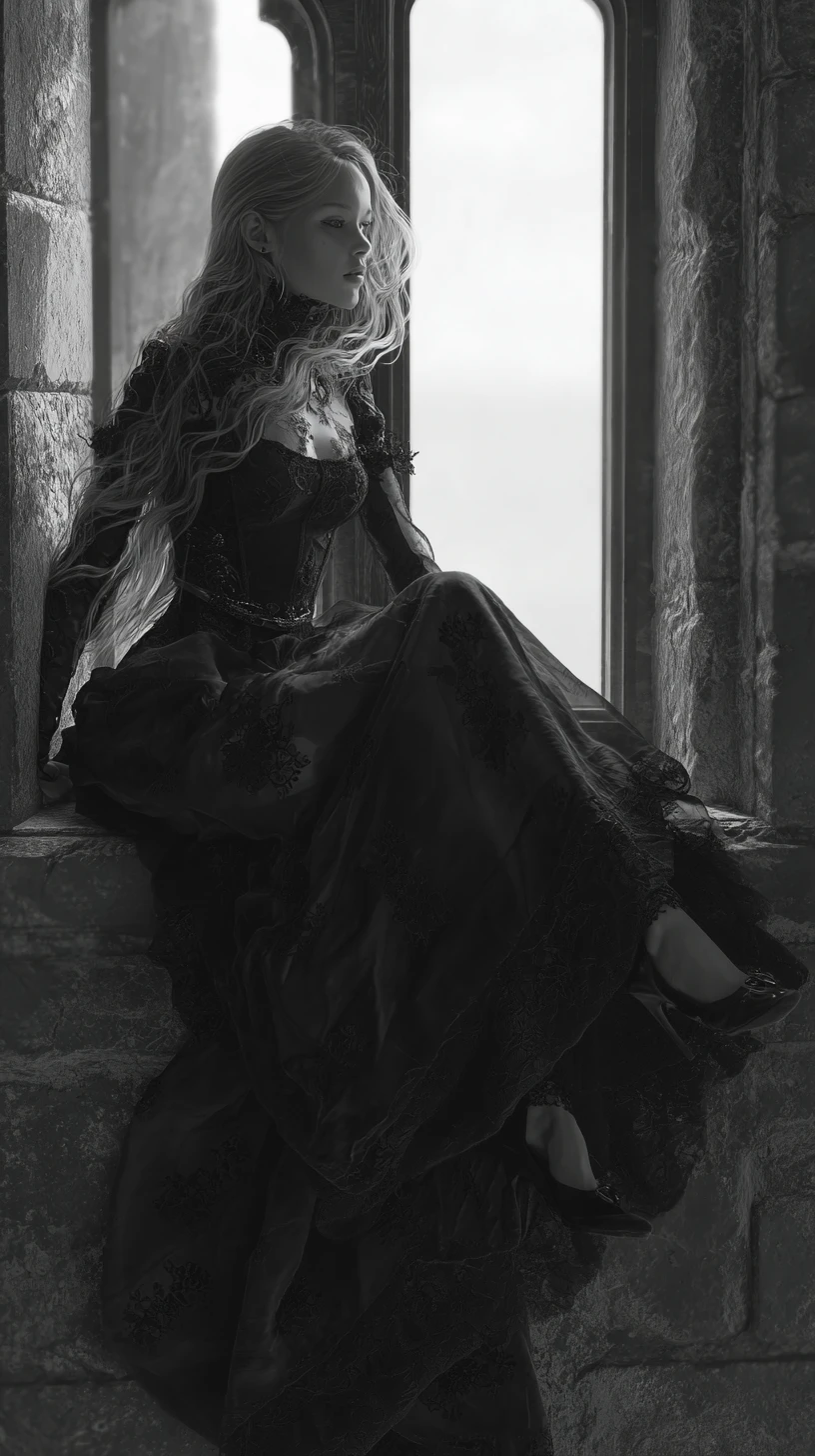 Gothic princess climbing from a moonlit castle window