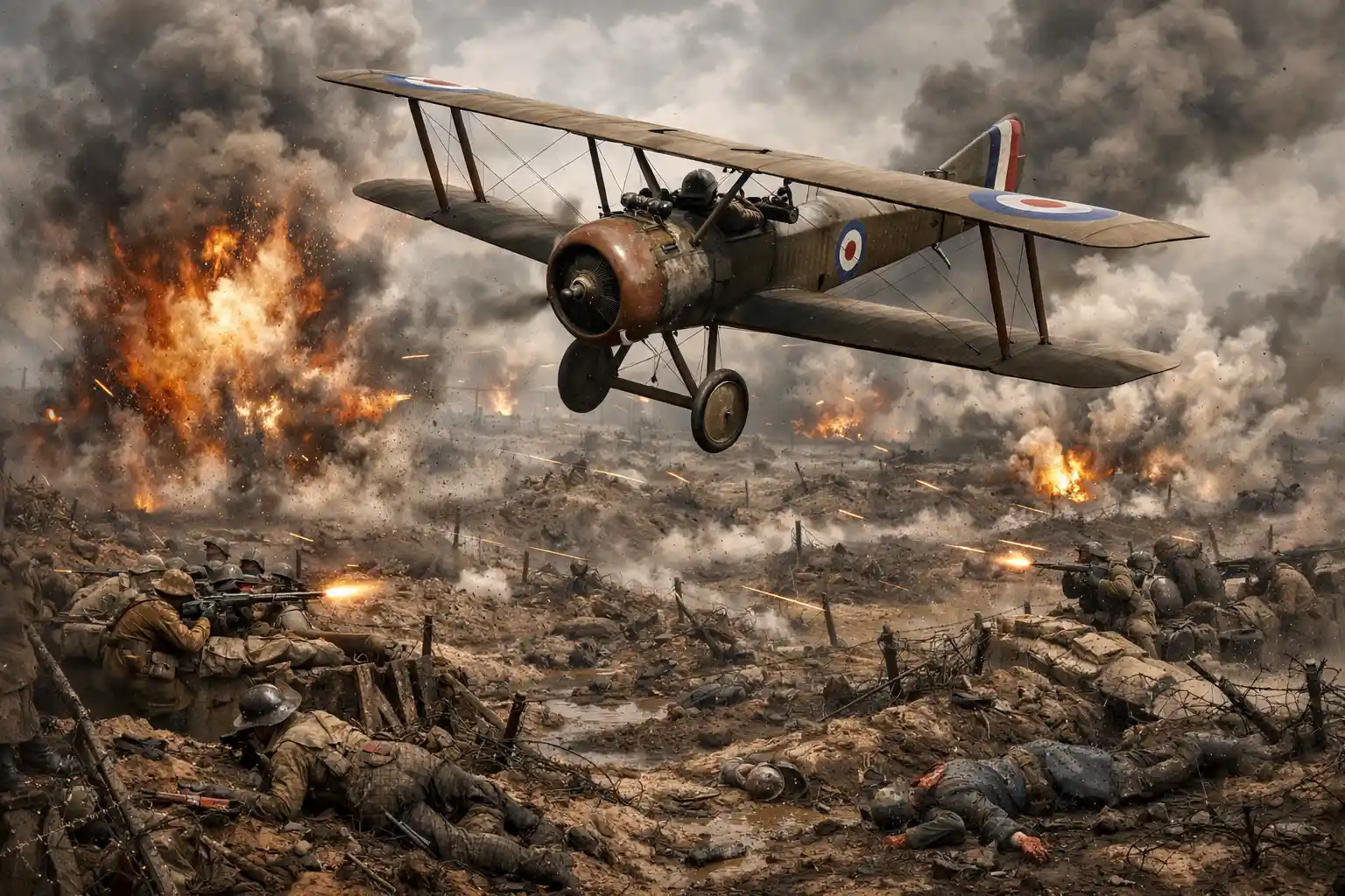World War I biplane flying above a burning battlefield