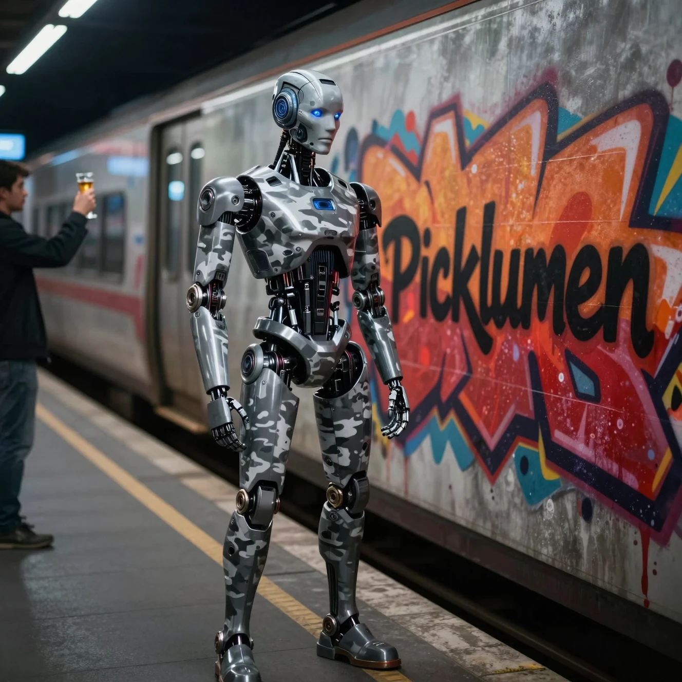 Futuristischer Roboter bewundert Graffiti in einem düsteren Bahnhof