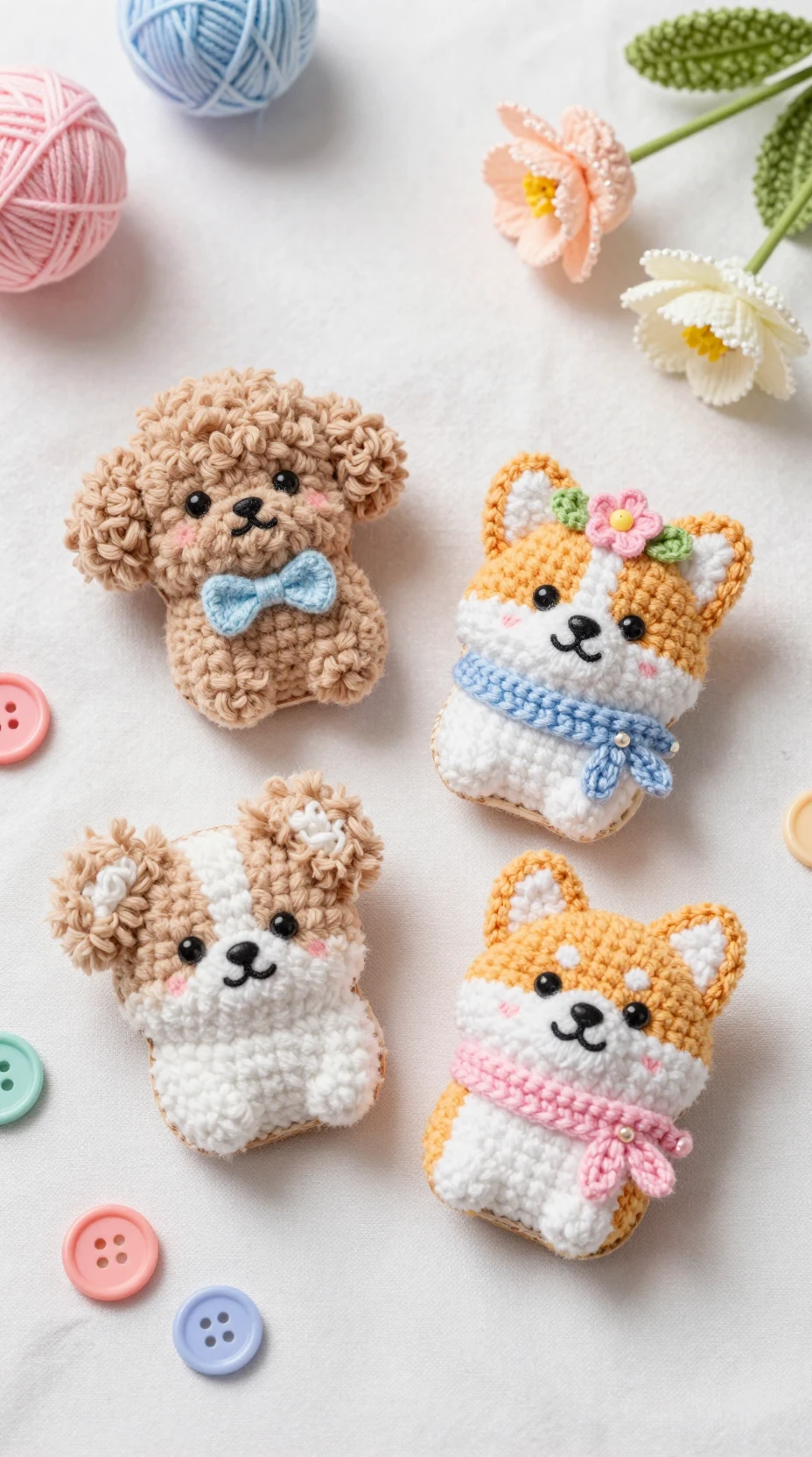Flauschige gehäkelte Hunde-Broschen mit süßen Accessoires auf pastelligem Stoff