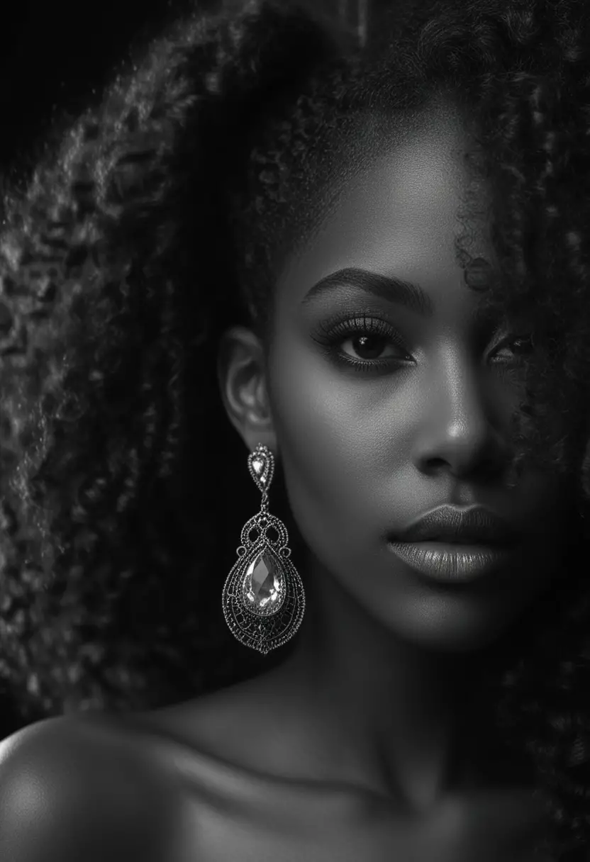 Black and white beauty portrait of a woman with afro hair