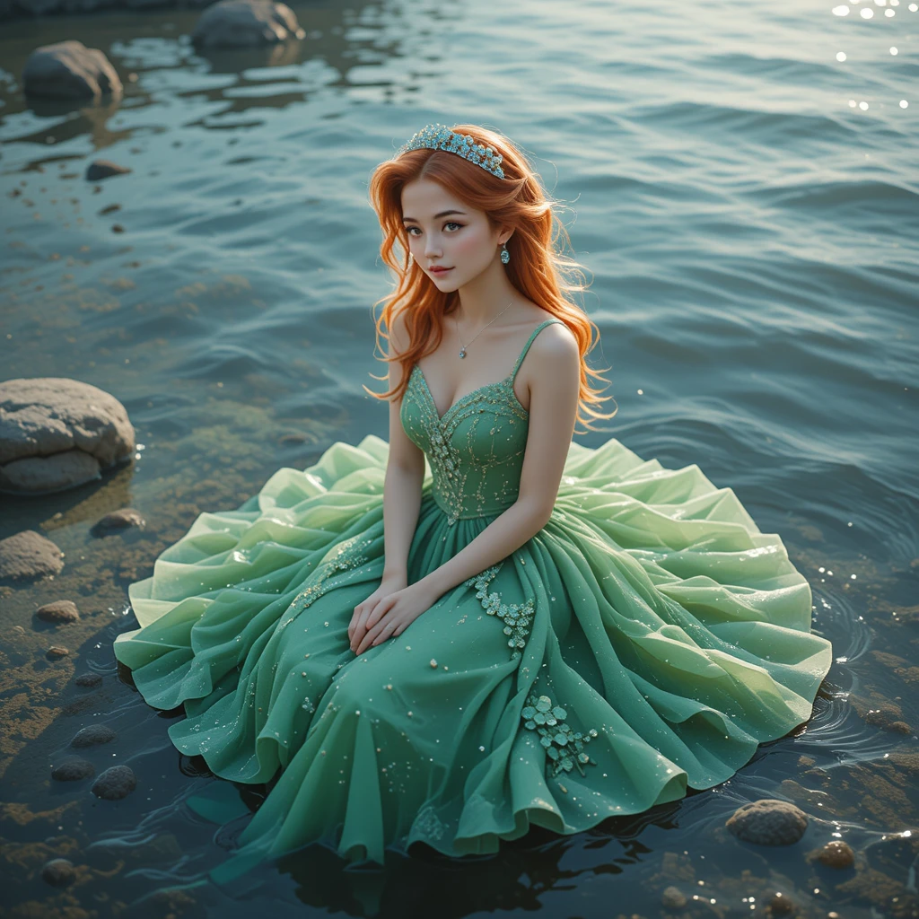 Red haired girl in green dress sitting on water rocks