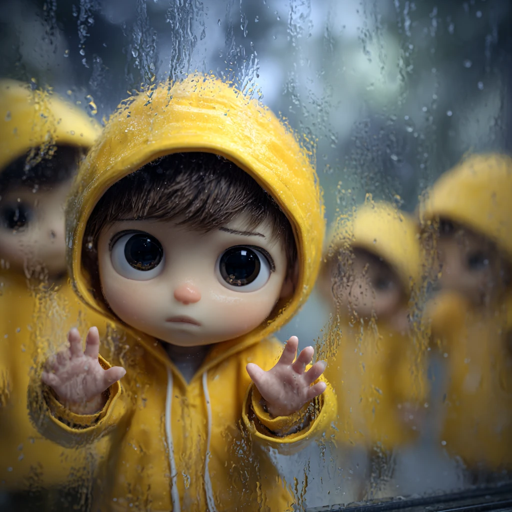 Little boy in yellow raincoat behind rainy window