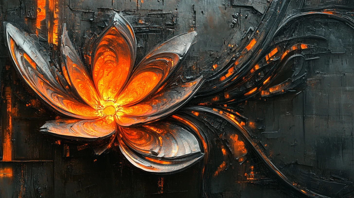 Iris like metallic flower unfolding in fiery abstract drawing