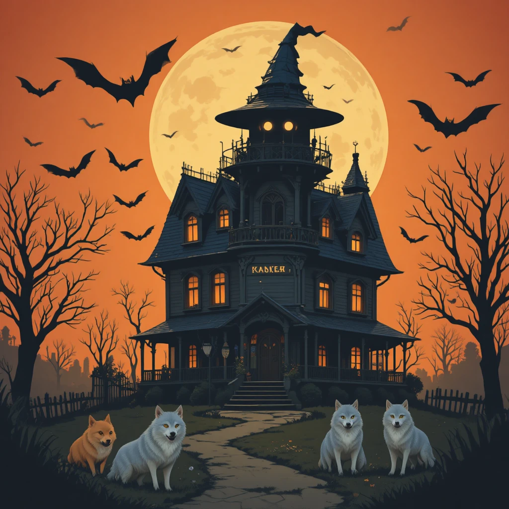 Maison hantée sous un ciel orange avec chauves-souris et loups