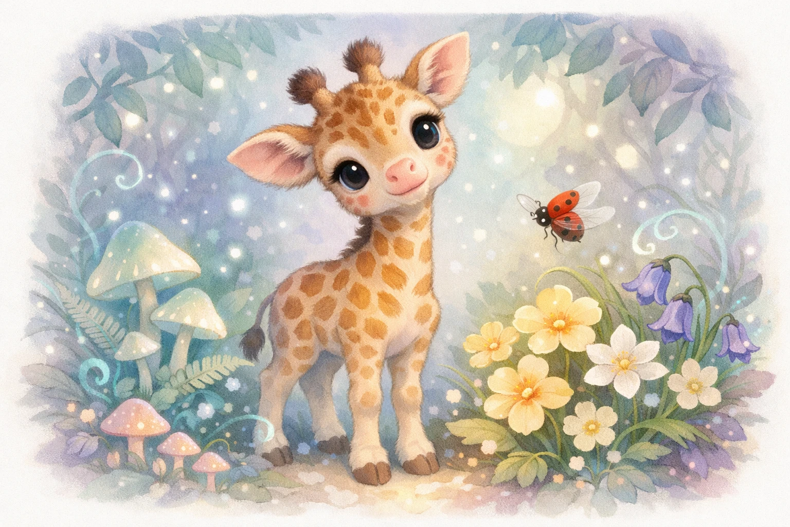 Baby giraffe in enchanted woodland nursery illustration