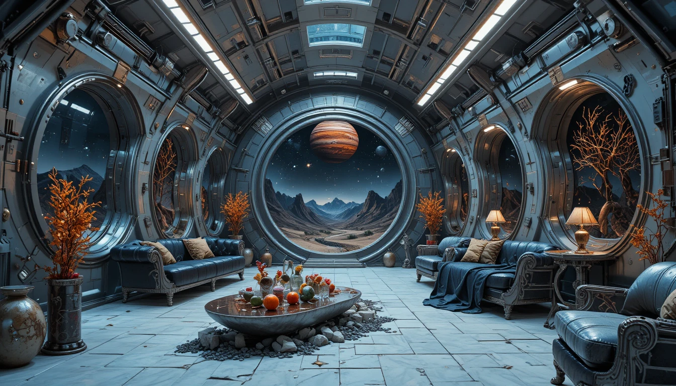 Long couloir métallique de science‑fiction avec tuyaux et lumières tamisées