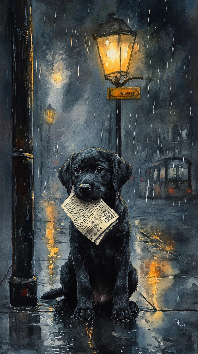 Filhote de labrador preto esperando em um ponto de ônibus na rua chuvosa