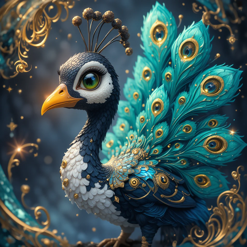 Pavão de fantasia lúdico com cauda turquesa e detalhes dourados