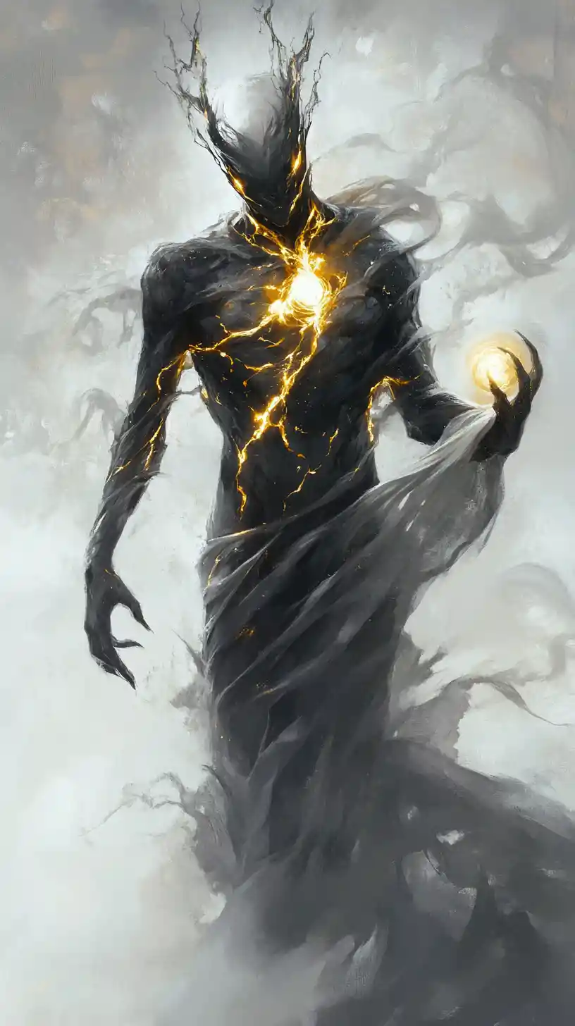 Ethereal horned spirit holding a glowing golden orb