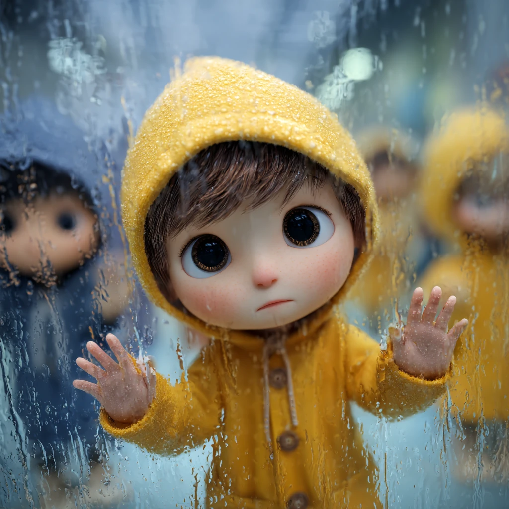 Trauriger Chibi-Junge im gelben Regenmantel hinter regennassem Fenster