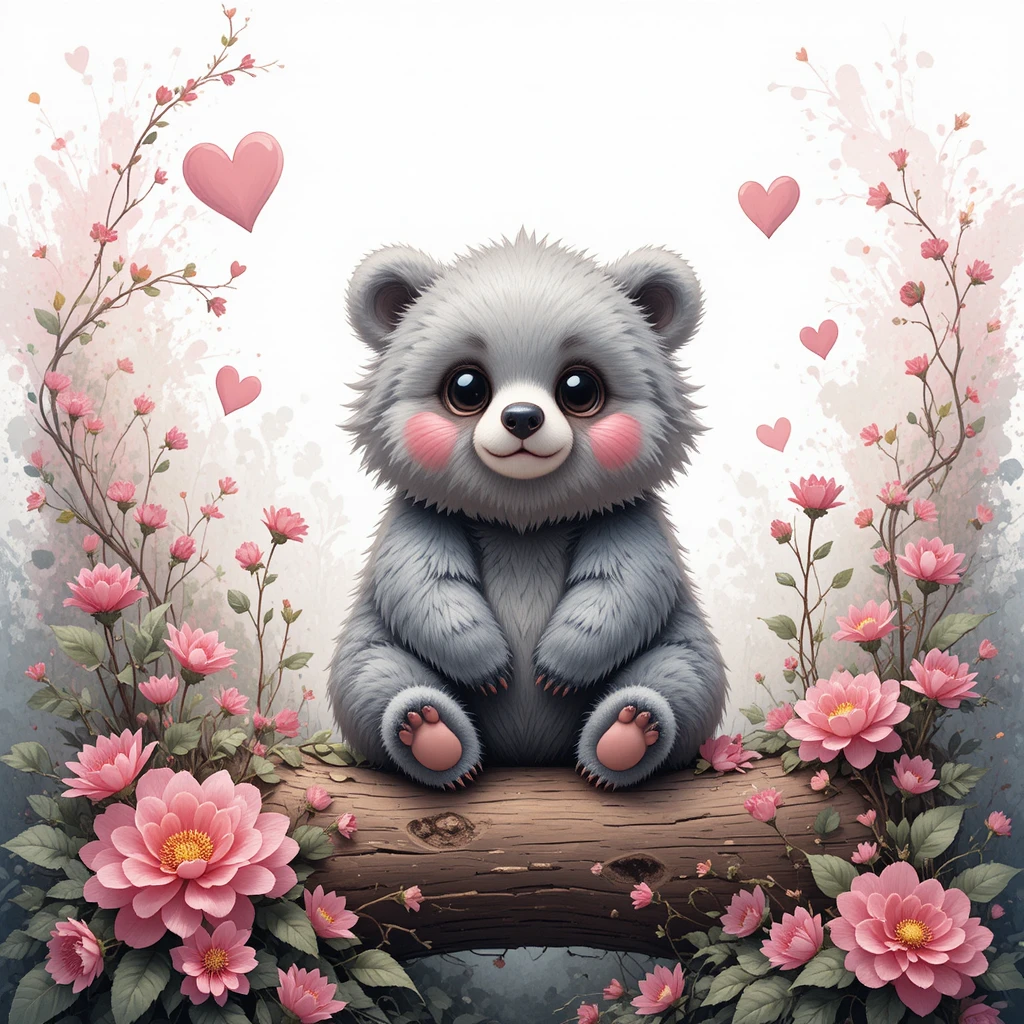 Fluffy gray bear on wooden log with pink flowers