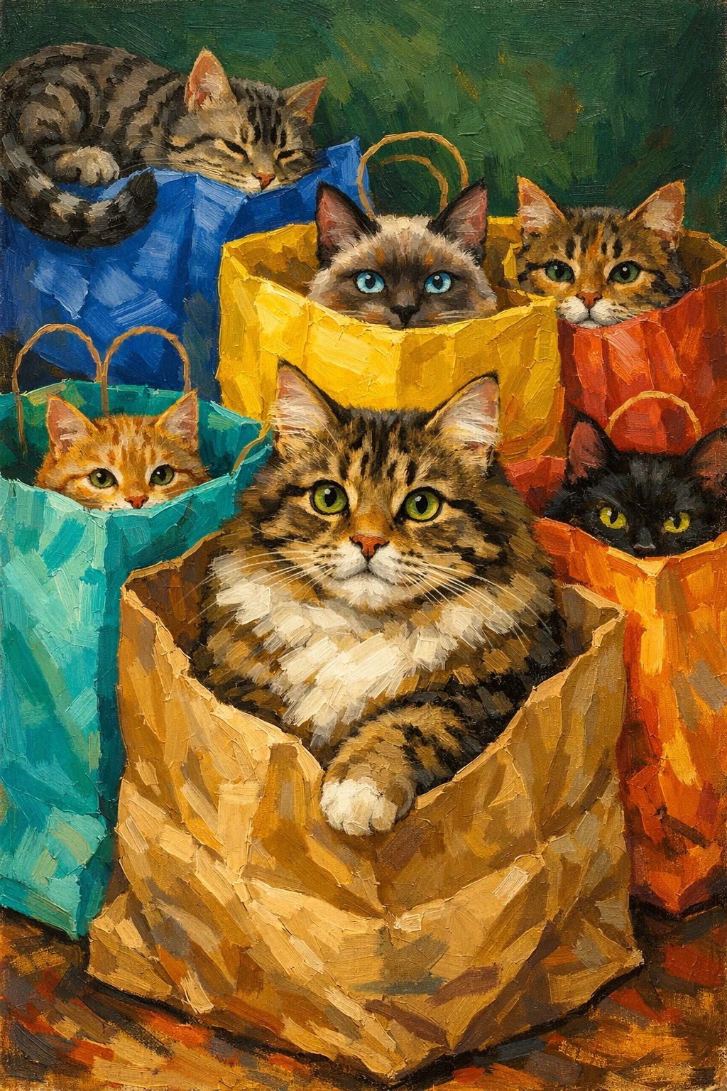 Verspielte Katzen in bunten Papiertüten liegend – Gemälde