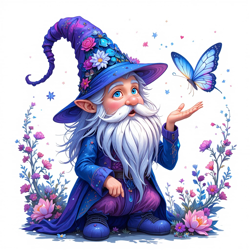 Gnome fantaisiste tendant la main vers un papillon magique lumineux