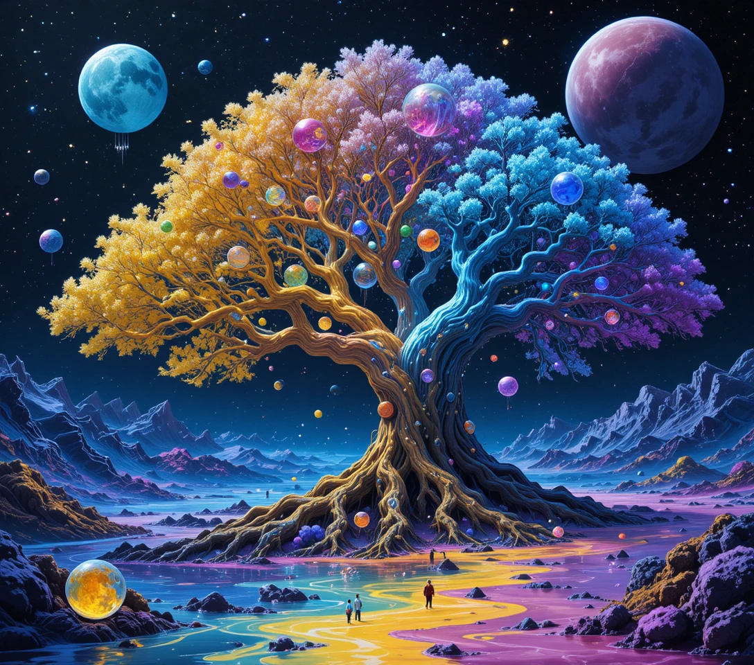 Albero della vita al neon fantastico in una nebulosa cosmica