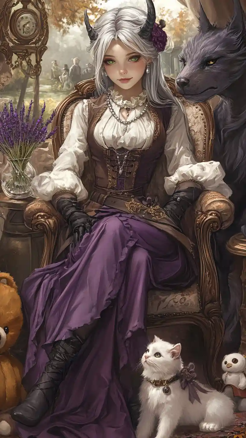 Chica con vestido morado paseando al perro por un parque otoñal