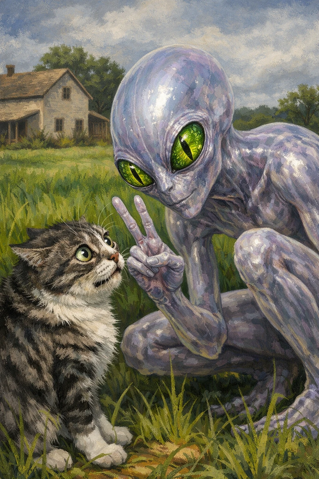 Alien translúcido y escalofriante haciendo el signo de paz a un gato asustado
