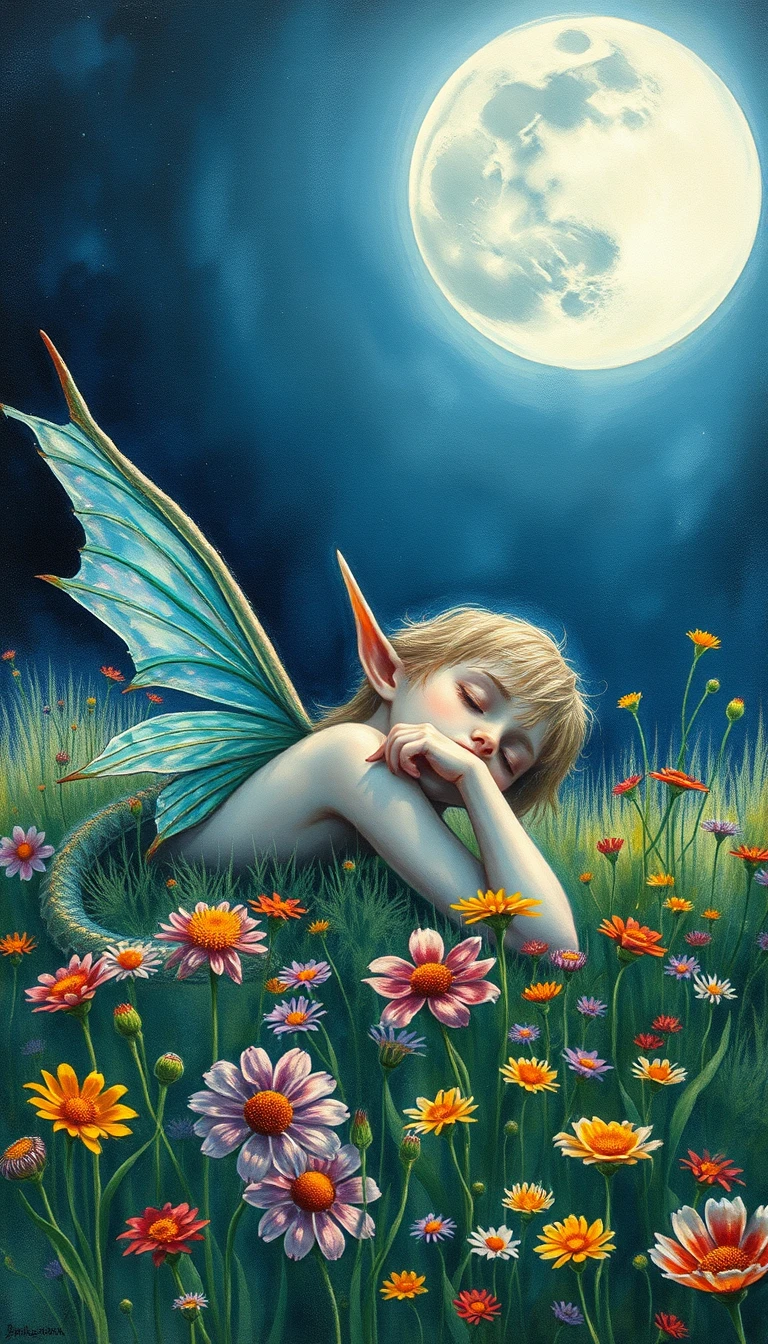 Sleeping elf fairy under moonlight in a wildflower meadow