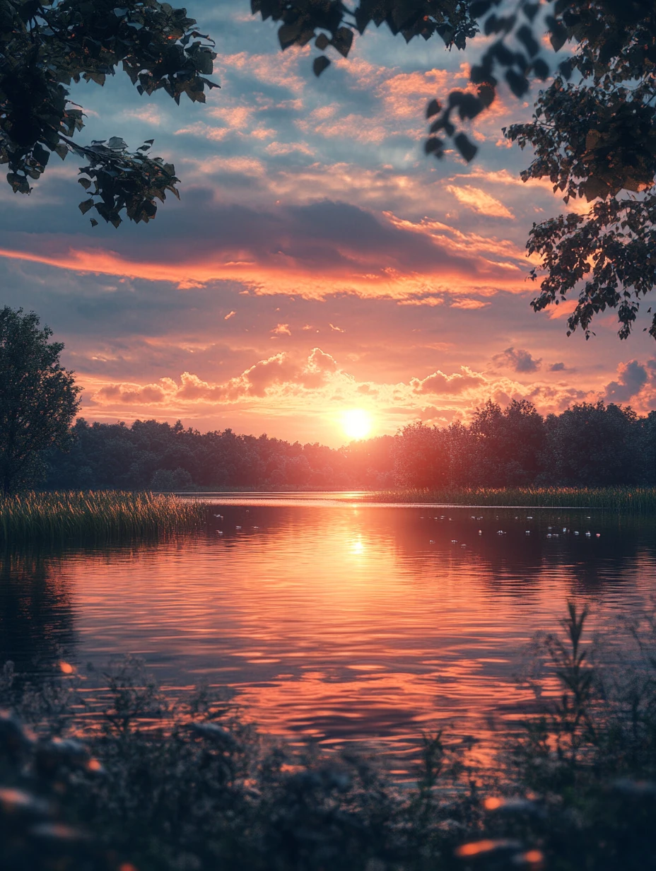 Pôr do sol sereno brilhando sobre um lago calmo e refletivo
