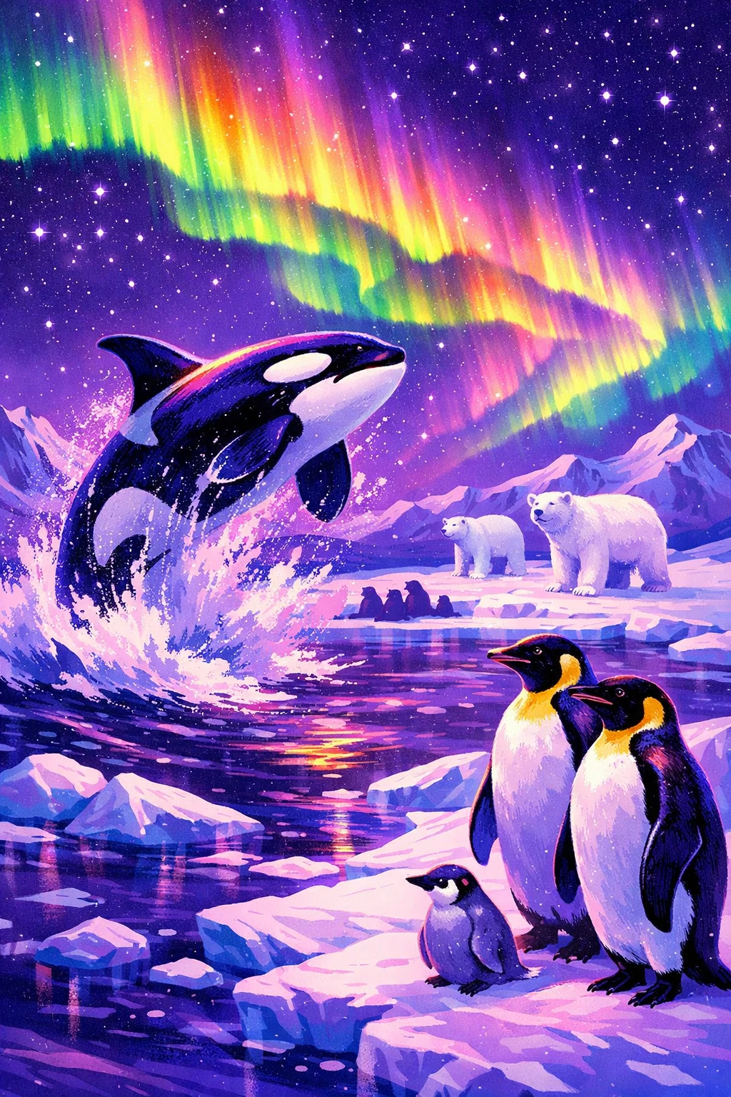 Pinguini e orca illuminati dall’aurora in una notte artica surreale
