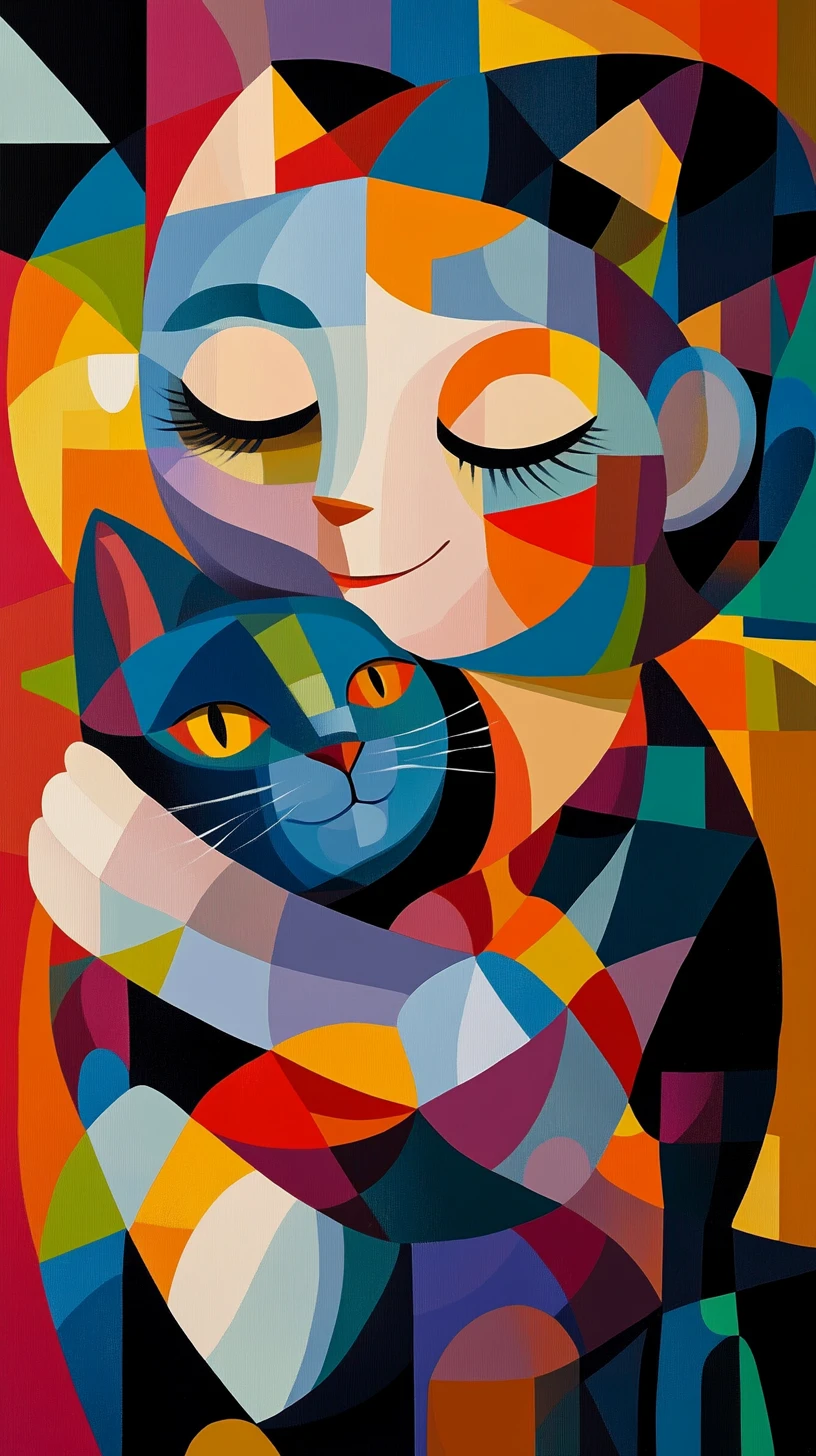 Criança cubista abraçando um gato estilizado em formas abstratas e marcantes