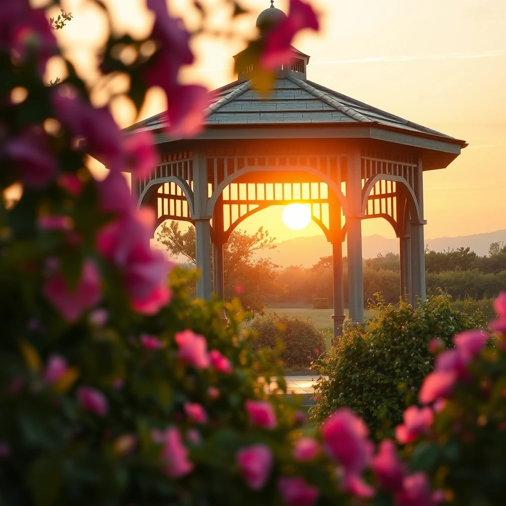 Sonnendurchfluteter Gartenpavillon, eingerahmt von zarten rosa Blüten im Vordergrund
