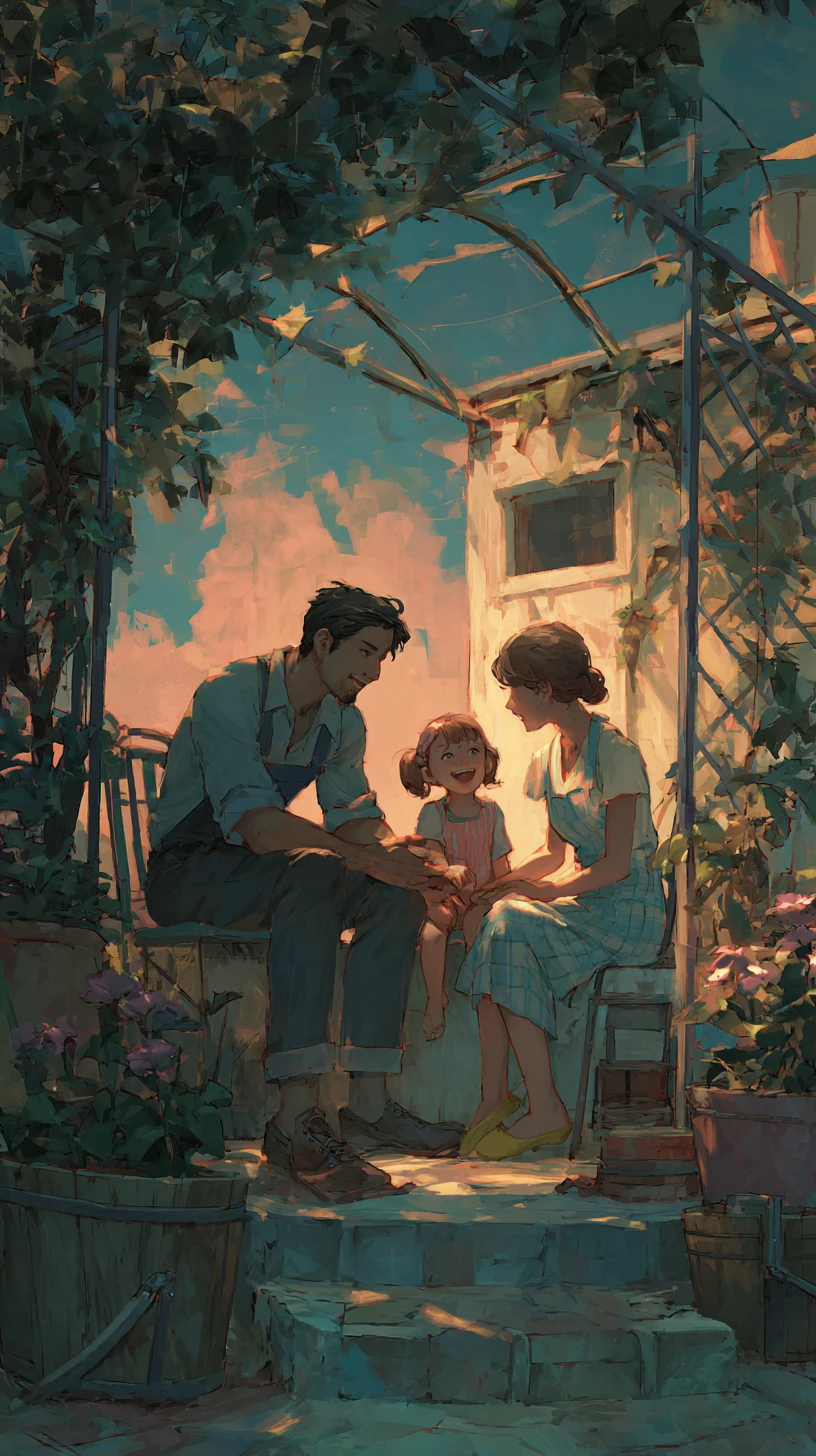 Pai e filha rindo juntos em um jardim ao pôr do sol