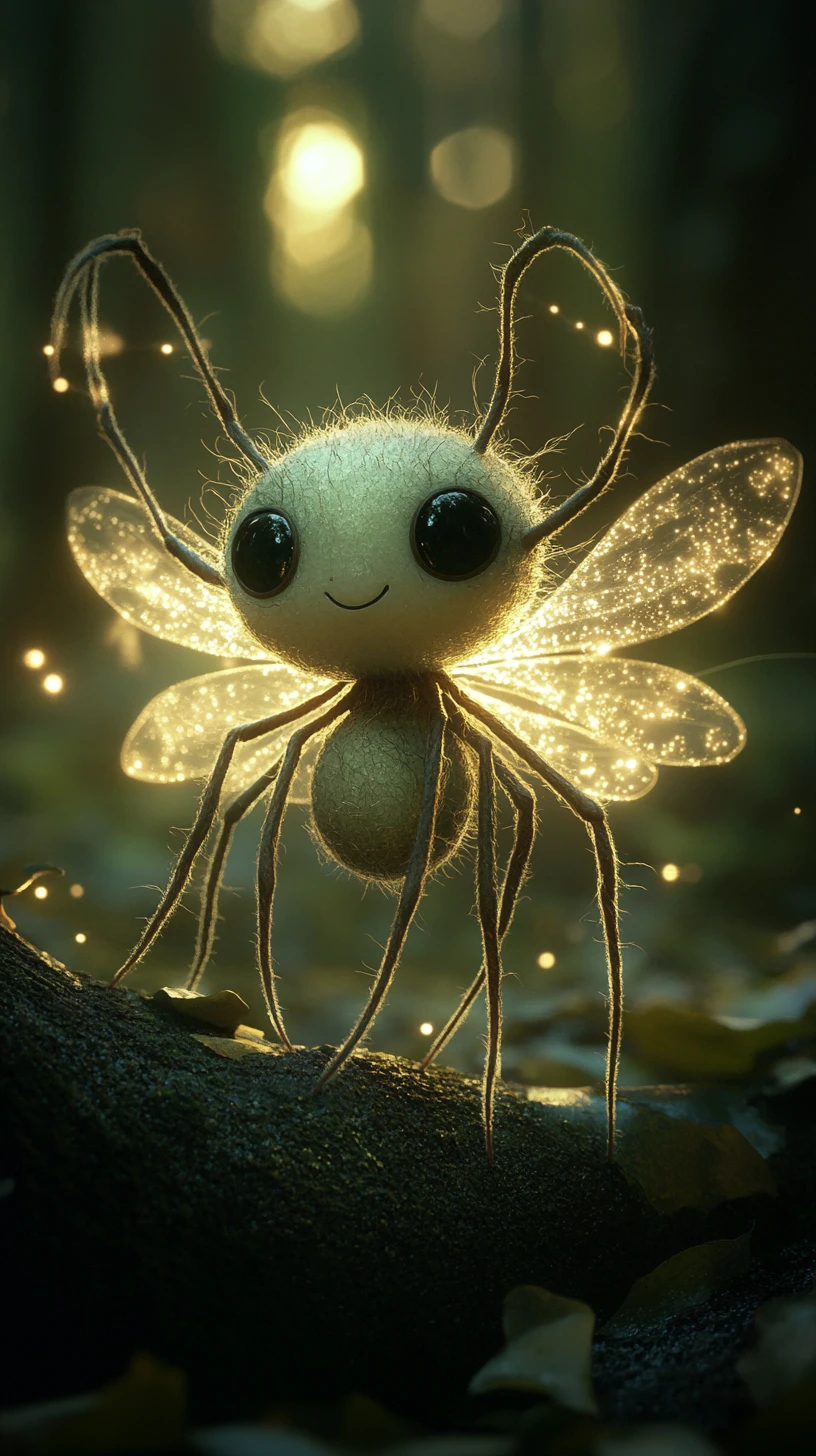Cute fairy spider creature glowing with soft magical light