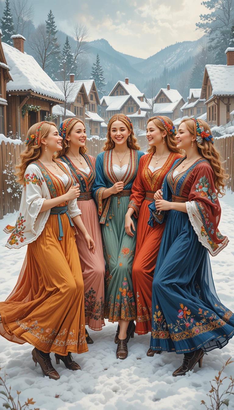 色彩繽紛民族服裝的女子在雪村中起舞