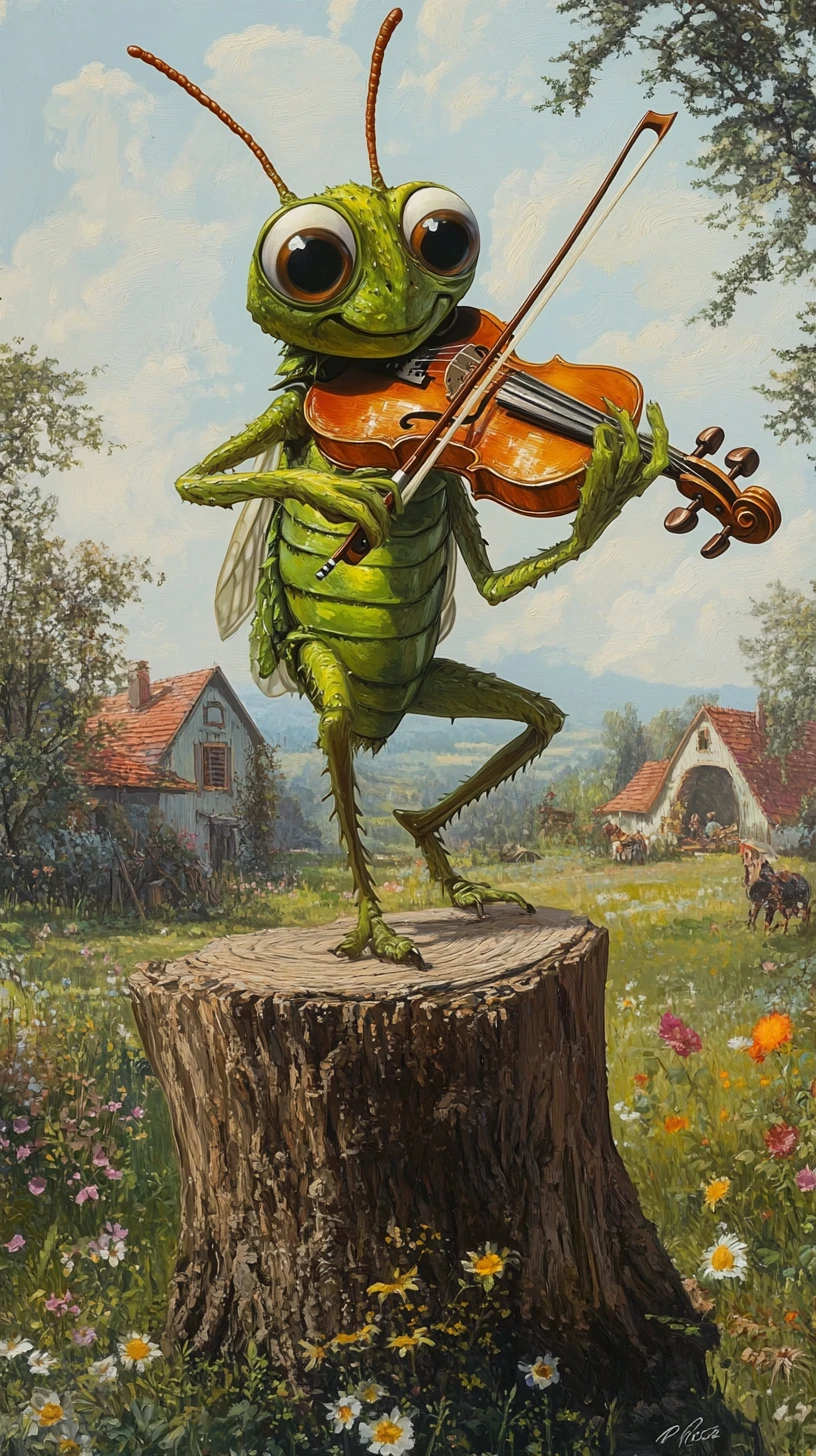 Alegre saltamontes verde tocando el violín en un prado soleado
