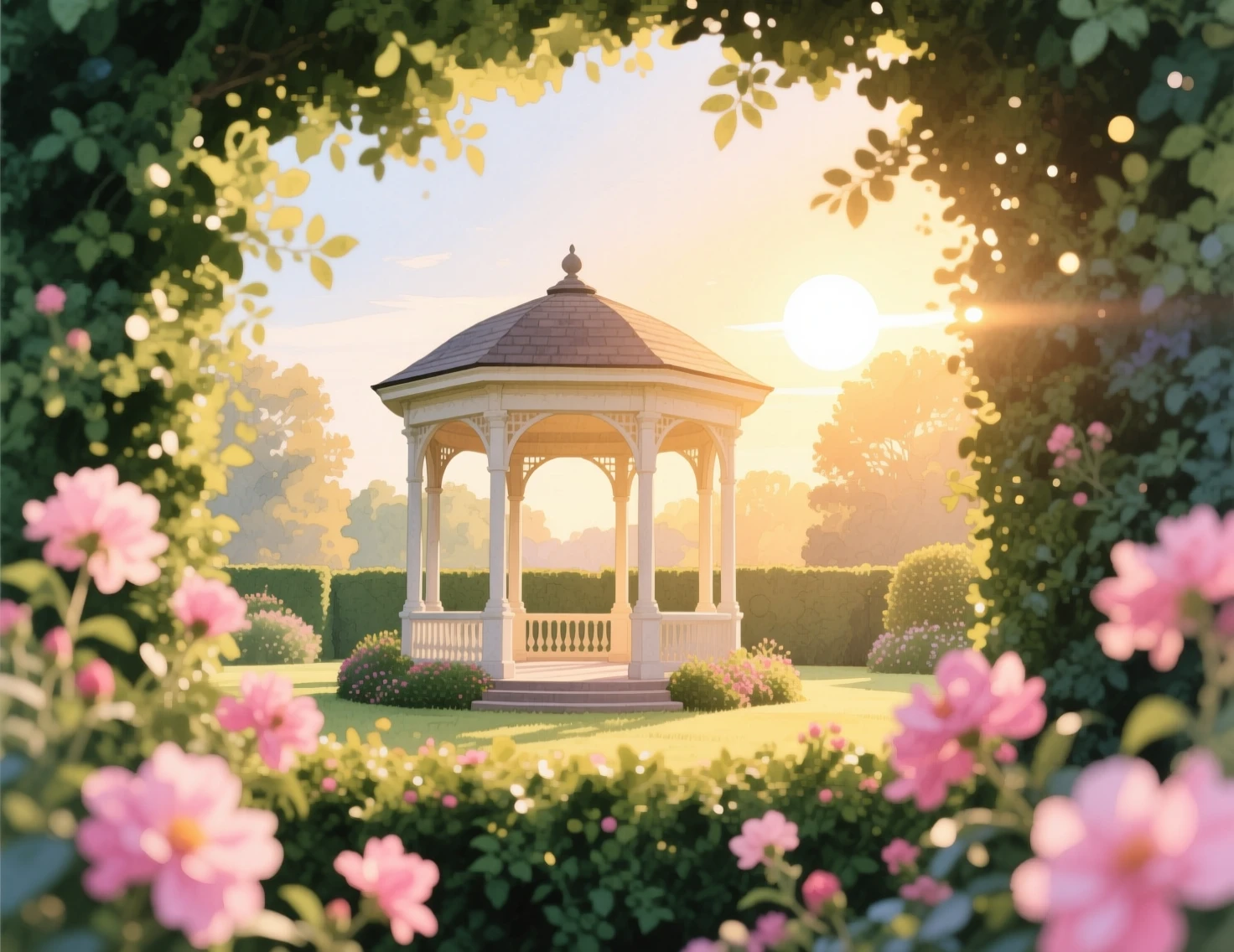 Sonnendurchfluteter Gartenpavillon, eingerahmt von zarten rosa Blumen im Vordergrund