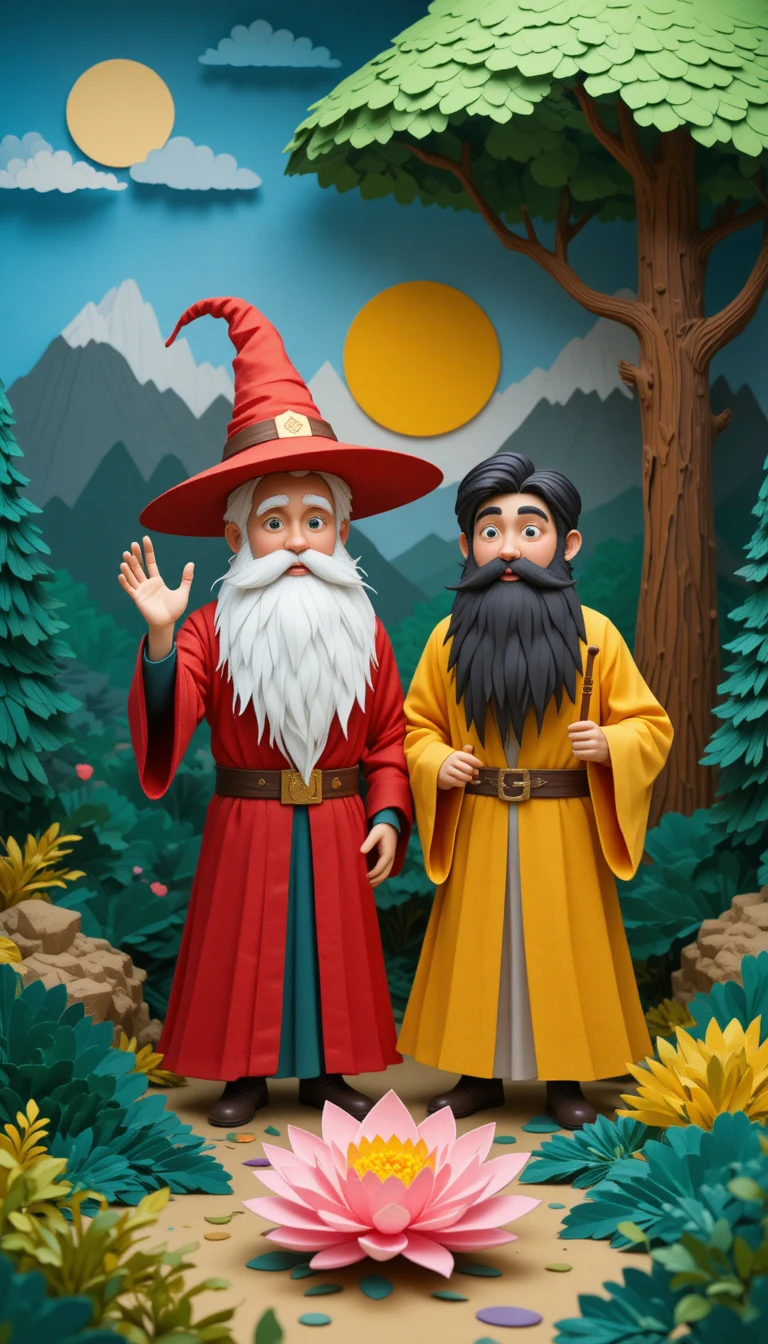 Dois magos em estilo cartoon em uma floresta de fantasia de papel divertida