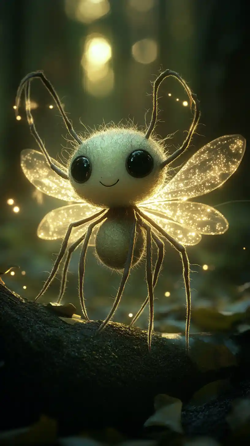 Cute fairy spider creature glowing with soft magical light