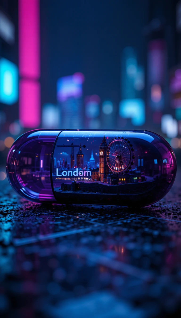 Miniature London landmarks inside a futuristic capsule city