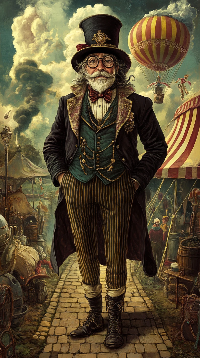 Wizard before circus tent in vintage fantasy illustration