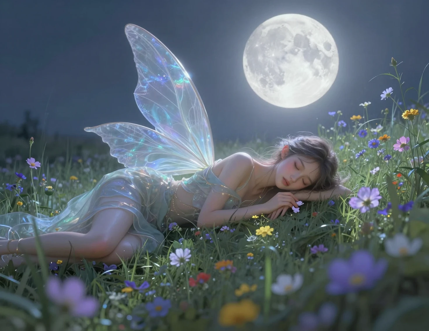 Sleeping elf fairy in moonlit wildflower meadow