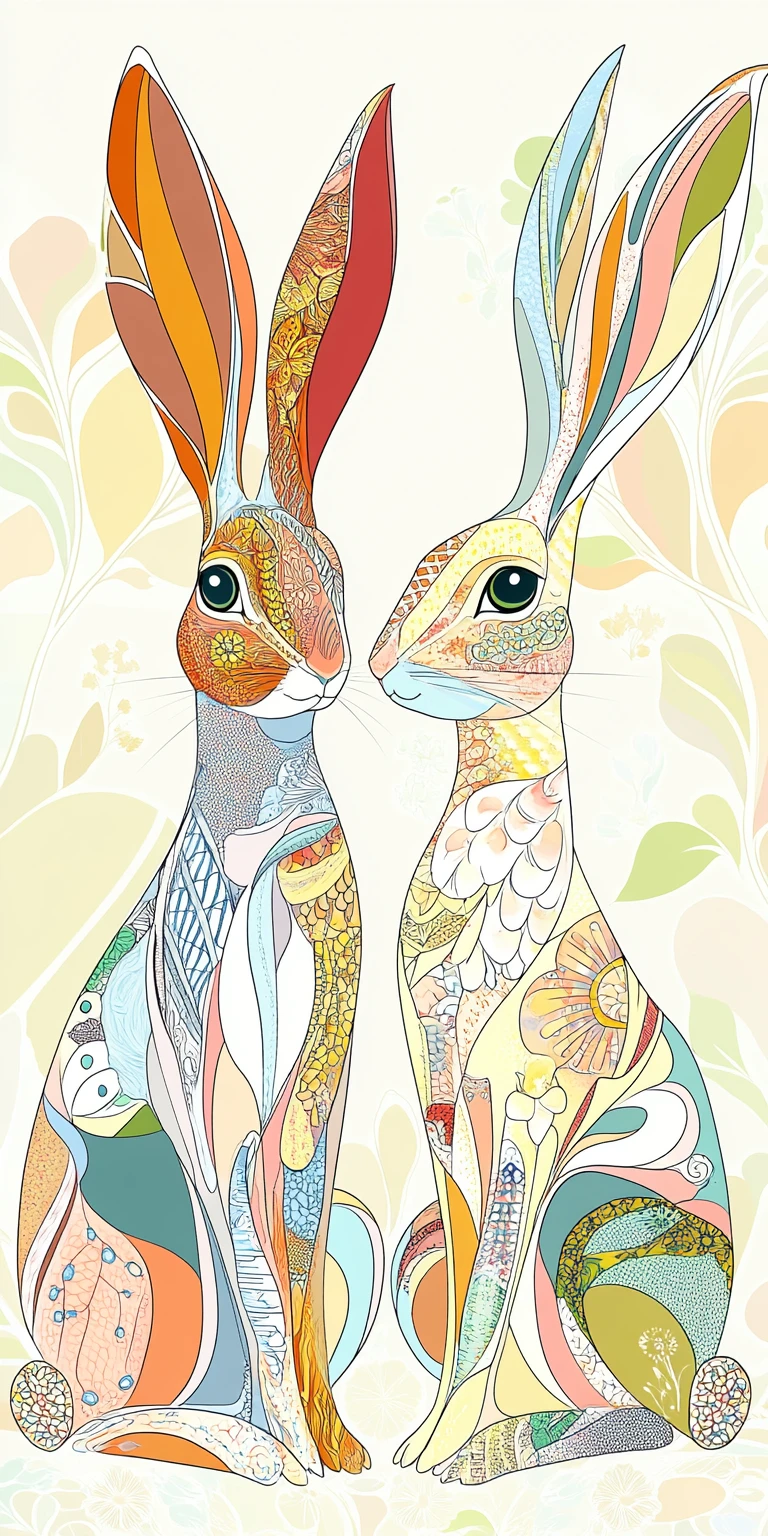Dois coelhos com padrões em uma ilustração vetorial simétrica e fantasiosa