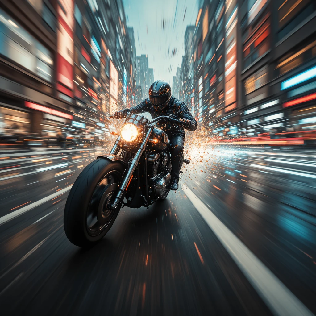 Moto explodindo em rastro de movimento por cidade futurista