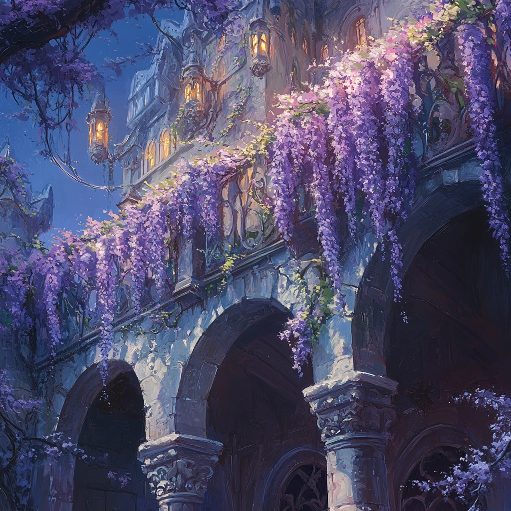 Glycine au clair de lune sur un balcon de château solitaire
