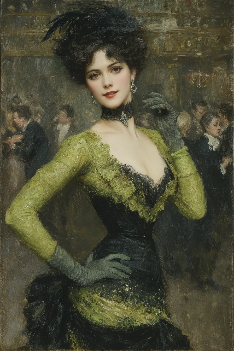 Elegant woman in a flowing gown at a lively ballroom