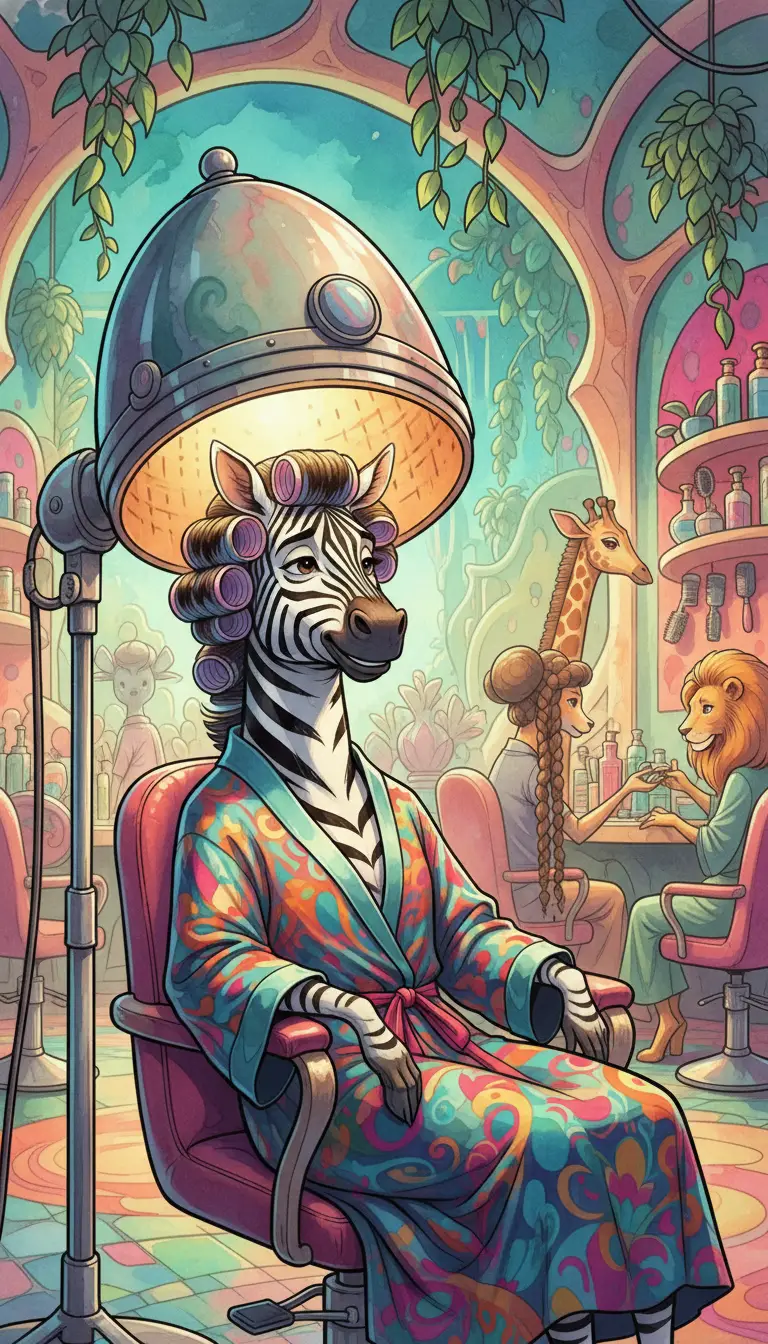 Anthropomorphes Zebra lässt sich die Mähne im Salon stylen