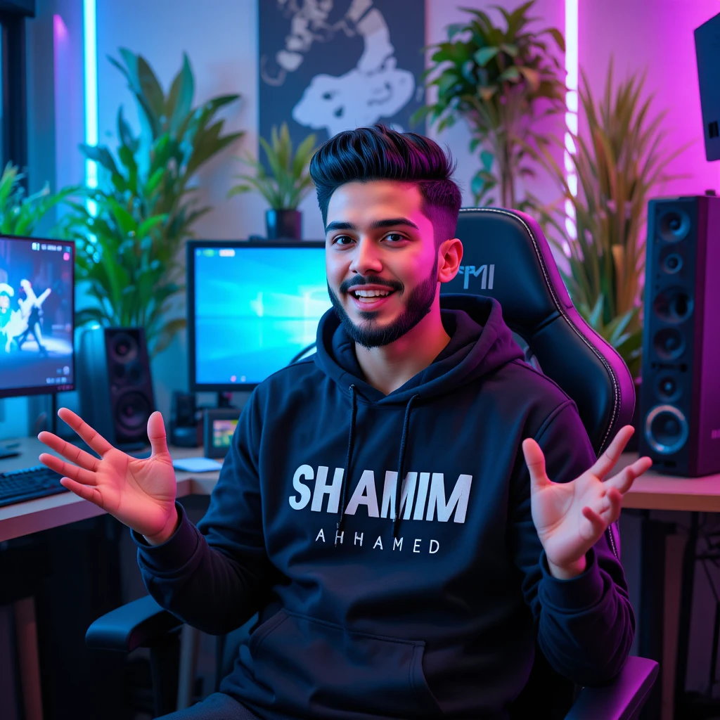 Jovem confiante fazendo streaming em setup gamer neon