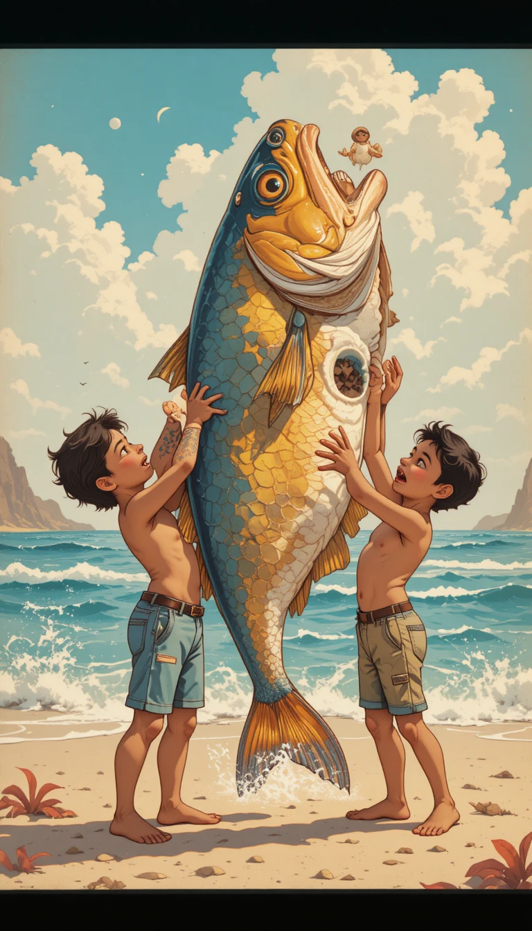 Três meninos levantando um enorme peixe colorido na praia